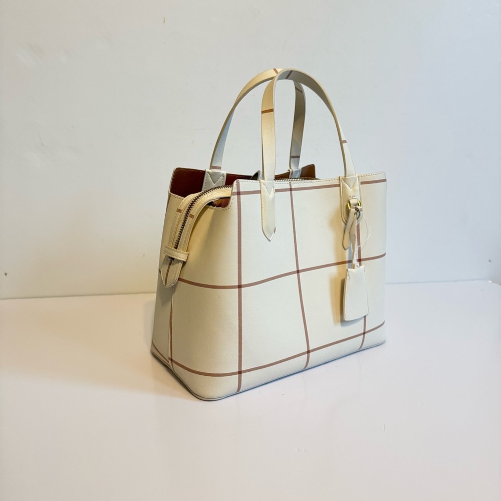 A New Day Tote Crossbody Purse Bag White Large Gingham Square Beige Pattern